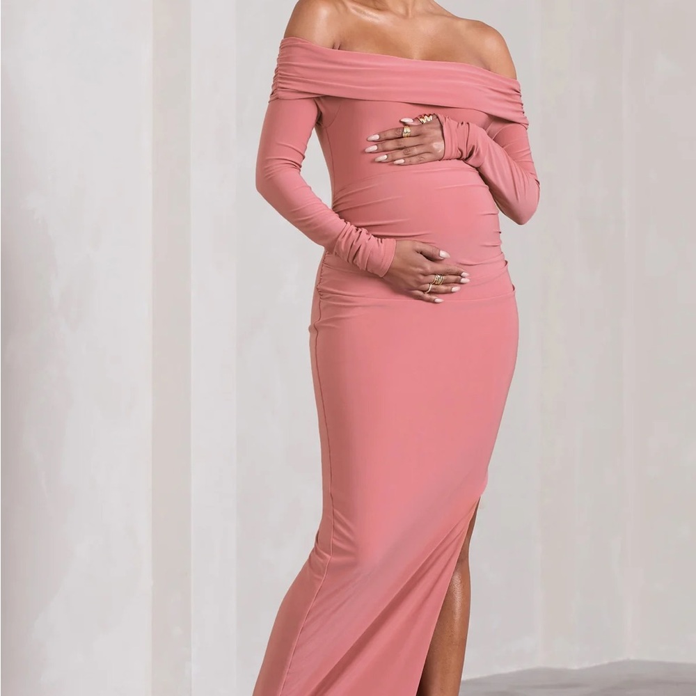 Club L London Dusty Rose Off-Shoulder Long Sleeve Maxi Dress